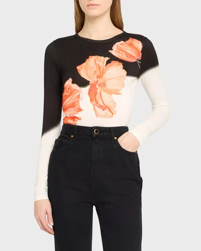 Alice And Olivia Delaina Floral Two-tone Long-sleeve Top In Dream Life Black