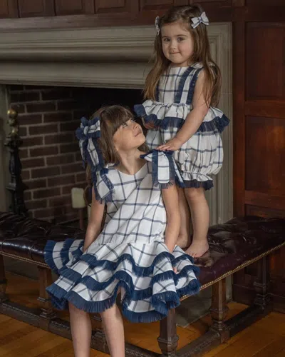 Petite Maison Kids' Girl's Checkered Ruffle-trim Linen Dress In Navy Blue