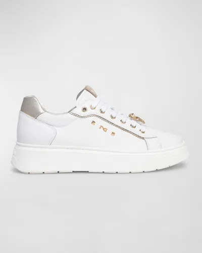 Nerogiardini Retro Mixed Leather Jeweled Low-top Sneakers In White