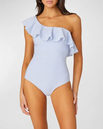 Shoshanna Stripe Ruffled One-piece Swimsuit In Seersucker Stripe