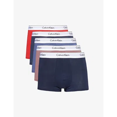 Calvin Klein Logo-waistband Pack Of Five Stretch-cotton Trunks In Ind,shrl,pom,cap Rs,spk