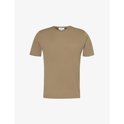 Sunspel Mens Dark Sand Crew-neck Relaxed-fit Cotton-jersey T-shirt