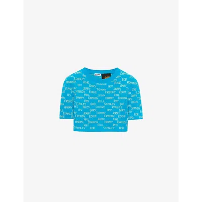 Loewe X Paula's Ibiza Name-intarsia Cropped Cotton Sweater In Turquoise/ecru
