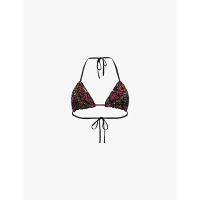 Allsaints Womens Black Jamilia Floral-embroidered Tie-neck Stretch-woven Bikini Top