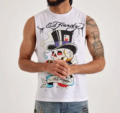 Ed Hardy Skull Top Hat Cut Off Tee In White