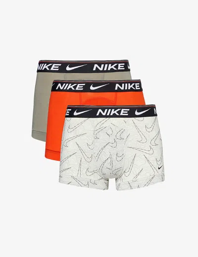 Nike Mens Swsh Pcnt Rd Drk Stcco Logo-waistband Pack Of Three Stretch-recycled Polyester Trunks In Brown