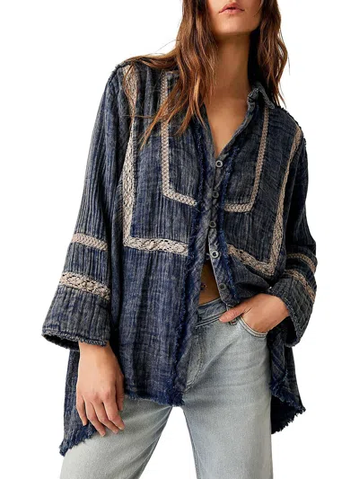 Free People Womens Lace Button-down Blouse In Blue