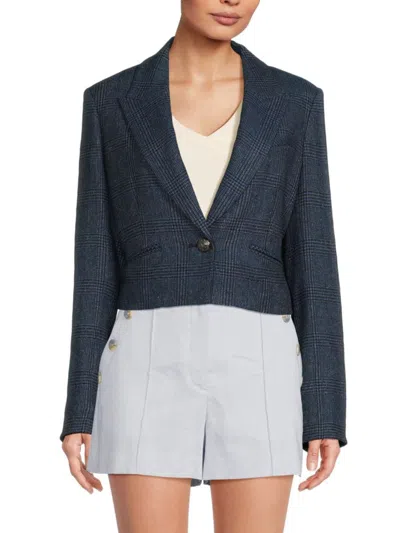 Veronica Beard Fabiola Cropped Prince Of Wales Checked Blazer In Blue