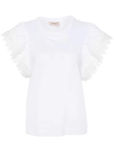 Twinset T-shirt With Macrame Sleeves In White