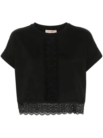 Twinset Lace-detail Cropped T-shirt In Black  