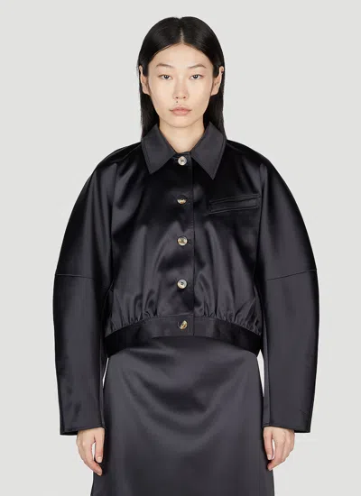 Ganni Long Sleeve Double Satin Short Jacket In Black ModeSens