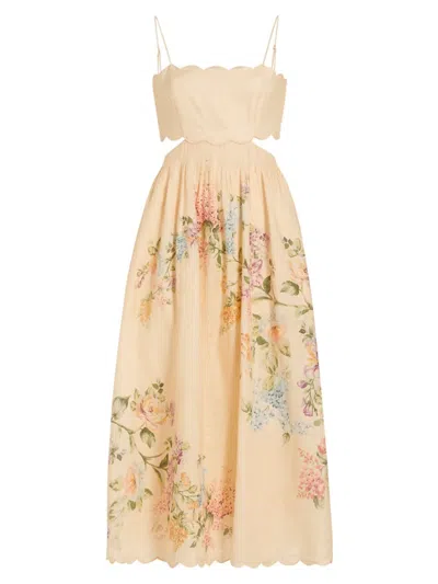 Zimmermann Halliday Cutout Scalloped Pintucked Floral-print Linen Midi Dress In Cream Floer