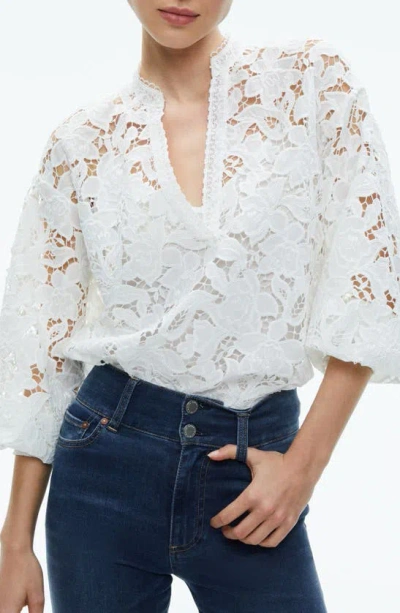 Alice And Olivia Aislyn Floral Lace Puff Sleeve Blouse In Off White