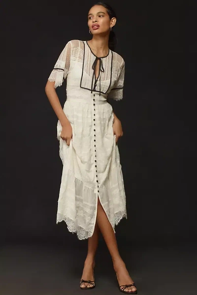 By Anthropologie Short-sleeve Button-front Lace Midi Dress In White