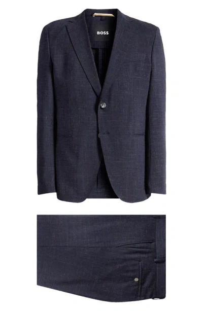 Hugo Boss H-huge Wool & Linen Melange Solid Slim Fit Suit In Dark Blue