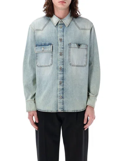 Valentino Logo Plaque Long-sleeved Denim Shirt In Clear Blue