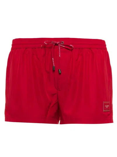 Dolce & Gabbana Logo Detailed Drawstring Swim Shorts In Rosso Brillante