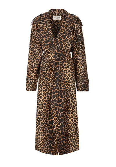 Saint Laurent Leopard-print Silk-voile Trench Coat In Brown