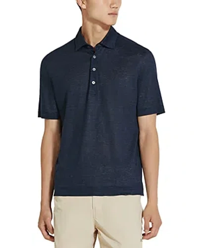 Zegna Linen Polo In Navy Solid