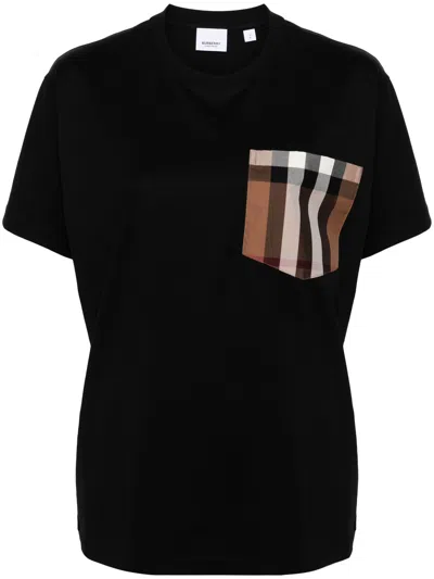 Burberry T-shirt In Cotone Con Tasca Check In Black