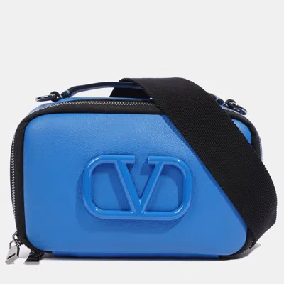 Pre-owned Valentino Garavani V Logo Blue Leather Crossbody Bag