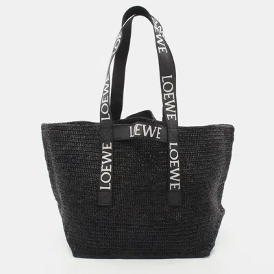 Pre-owned Loewe Fold Shopper Shoulder Bag Tote Bag Raffia Black White Logo