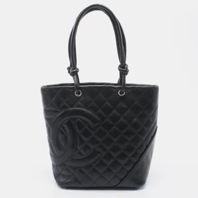 Pre-owned Chanel Cambon Line Medium Handbag Tote Bag Leather Black Silver Hardware