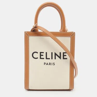 Pre-owned Celine Mini Vertical Cabas Handbag Canvas Leather Ivory Light Brown In Beige