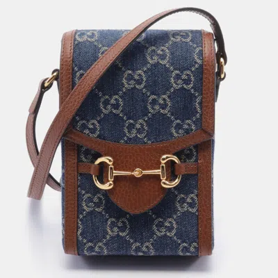 Pre-owned Gucci Horsebit 1955 Mini Bag Gg Denim Shoulder Bag Denim Leather Indigo Blue Brown