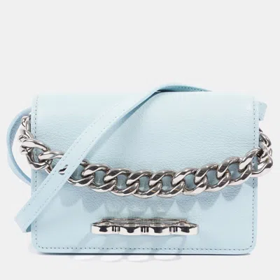 Pre-owned Alexander Mcqueen Four Ring Chain Light Blue Leather