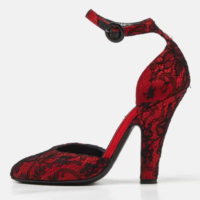 Pre-owned Dolce & Gabbana Red Lace Ankle Strap Sandals Size 37