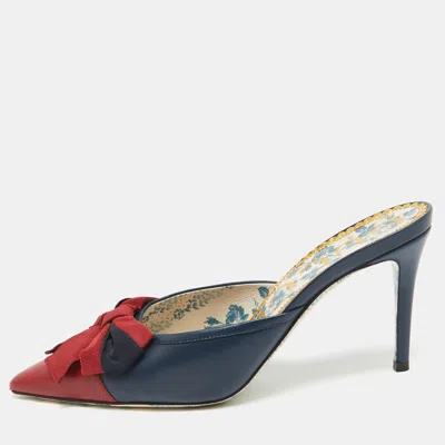 Pre-owned Gucci Navy Blue/red Leather Pointed Toe Mules Size 38.5