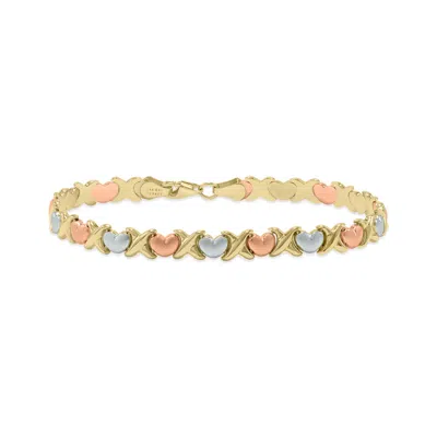 Sselects 14k Tri-color Gold X & O Heart Stampato Bracelet In Pink