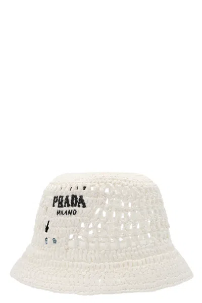Prada Women Raffia Logo Bucket Hat In White