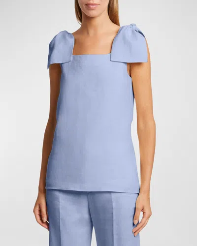 Chloé Bow-embellished Linen-canvas Dress In Pebble Blue