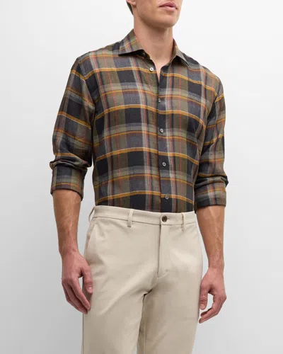 Baldassari Men's Linen Plaid Casual Button-down Shirt In Black/brown/grey