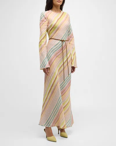 Zimmermann Halliday Belted Striped Linen Maxi Dress In Multi