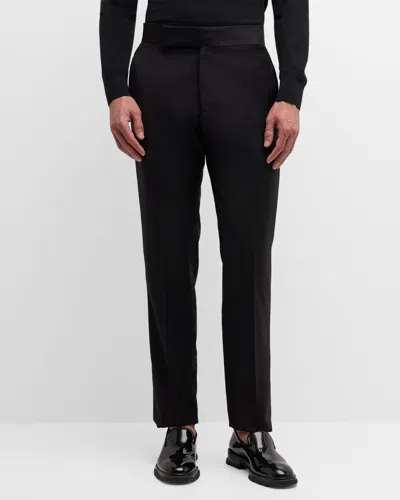 Emporio Armani Men's Wool Tuxedo Trousers In Solid Black