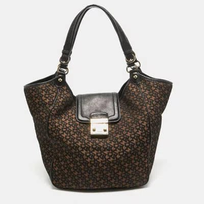 Dkny Monogram Jacquard Fabric And Leather Tote In Brown