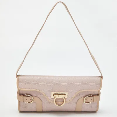 Ferragamo Signature Coated Canvas And Leather Shoulder Bag In Beige