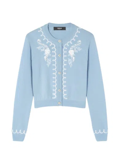 Versace Bead-embellished Knit Cardigan In Pastel Blue