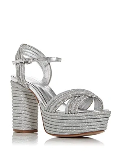 Schutz Women's Latifah Glam Embellished High Block Heel Platform Sandals In Prata/cristal