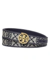 Tory Burch Miller T Monogram Jacquard & Leather Belt In Tory Navy
