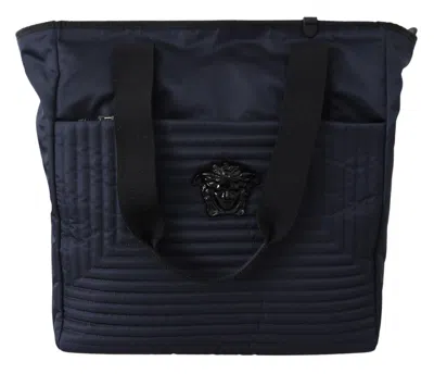 Versace Logo-plaque Zipped Tote Bag In Blue