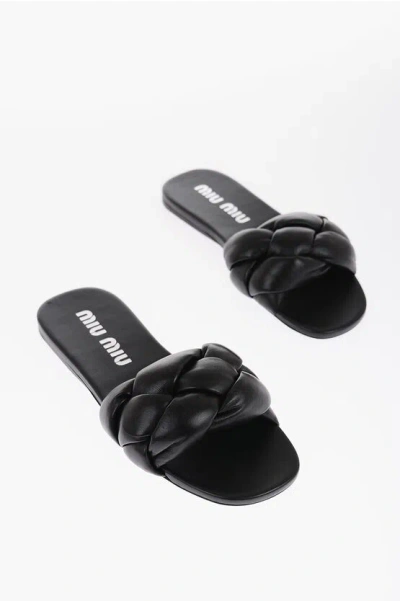 Miu Miu Cuir Sole Leather Padded Sliders In Black