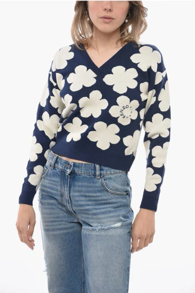 Kenzo Jacquard Wool Blend Jumper With Floral Motif In Blue