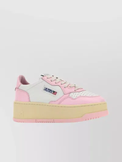 Autry Two-tone Leather Platform Low Wom Sneakers In Whitepink