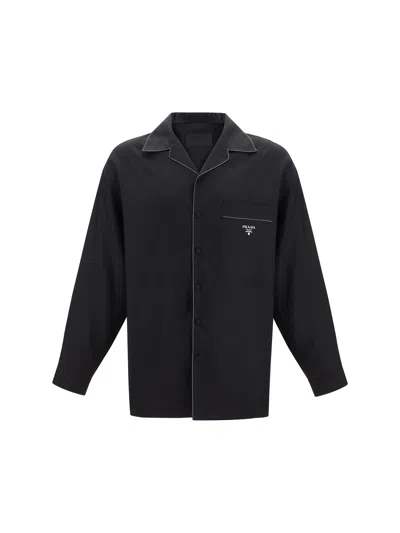 Prada Men Logo Silk Shirt In Black