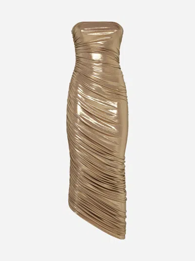Norma Kamali Diana Strapless Ruched Midi Dress In Gold