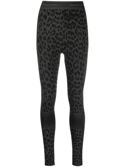 Ganni Leopard-jacquard Stretch Recycled Leggings In Black
